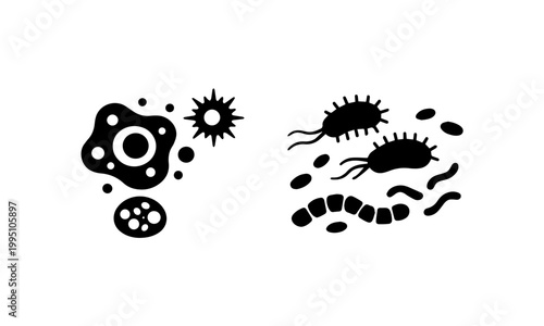 Black and white silhouette of microorganisms 