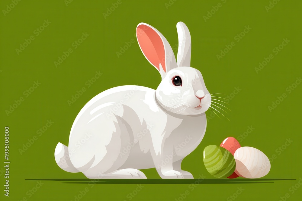 Fototapeta premium White Easter bunny with colored eggs on green background, vector illustration for spring celebrations
