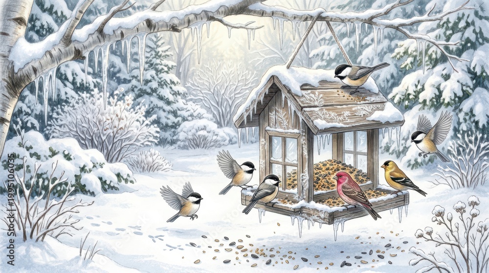 Naklejka premium Winter bird feeder surrounded by snowy branches and hanging icicles, chickadees and finches gathered for seeds, frost patterns decorating wooden structure, scattered