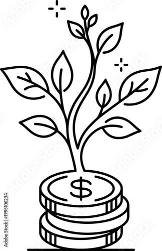 Plant growing out of coins symbolizing financial growth and investment
