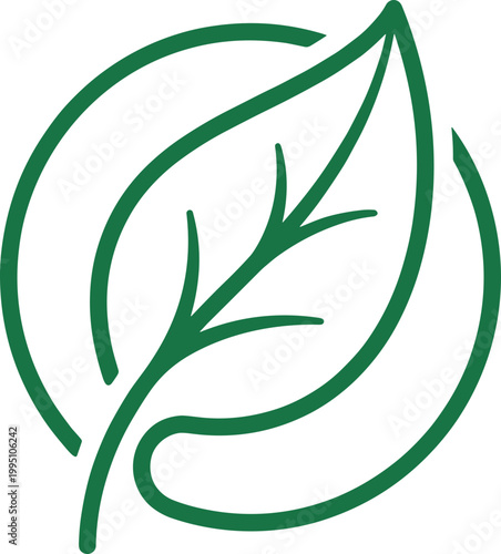 Green leaf emblem with circular outline design concept
