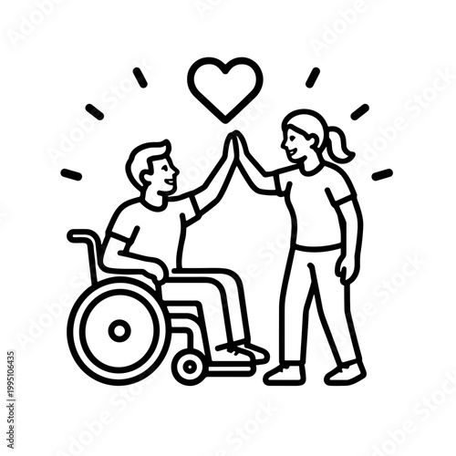 Linear illustration: two people in a positive mood giving each other a high five, symbolizing inclusivity and friendship