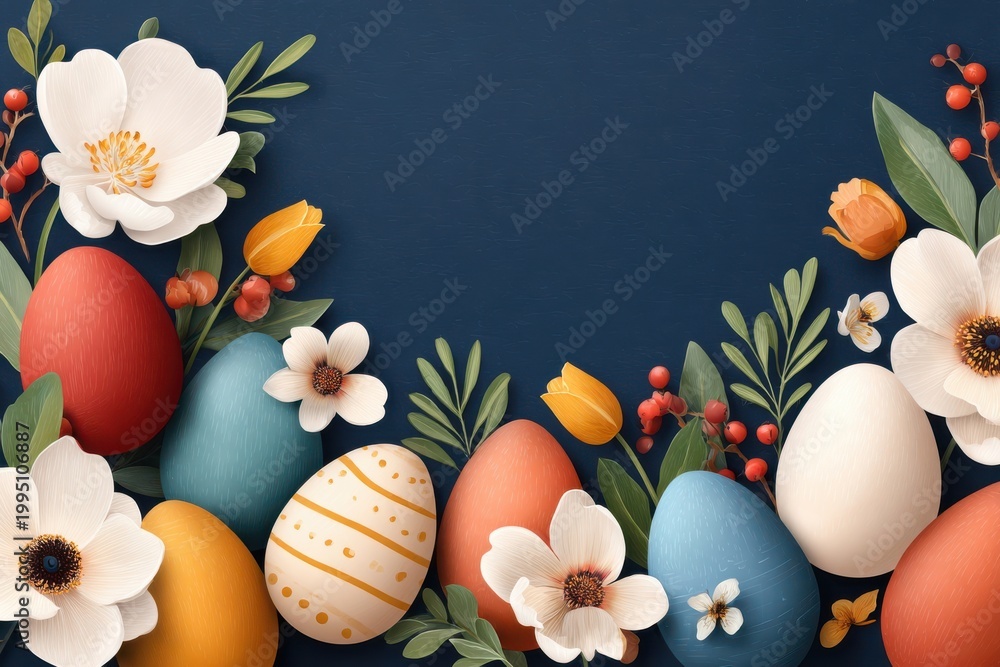Fototapeta premium Easter eggs and spring flowers on a dark blue background for seasonal celebration