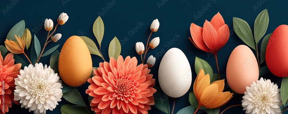 Fototapeta premium Easter eggs and spring flowers on a dark blue background for holiday decoration and greeting