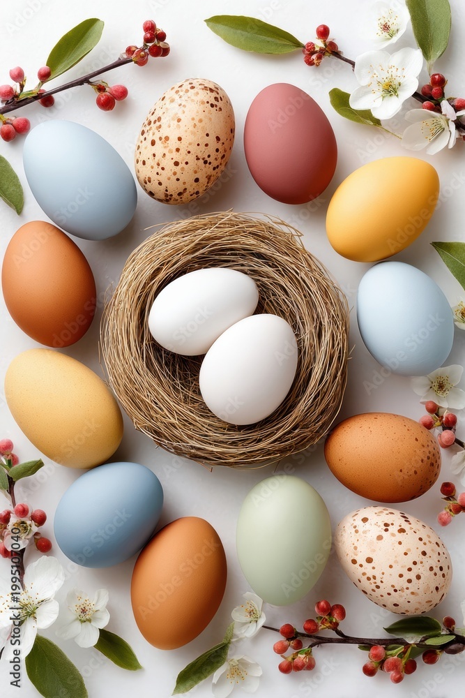 Fototapeta premium Colorful Easter eggs arranged around a nest with spring flowers and blossoms flat lay