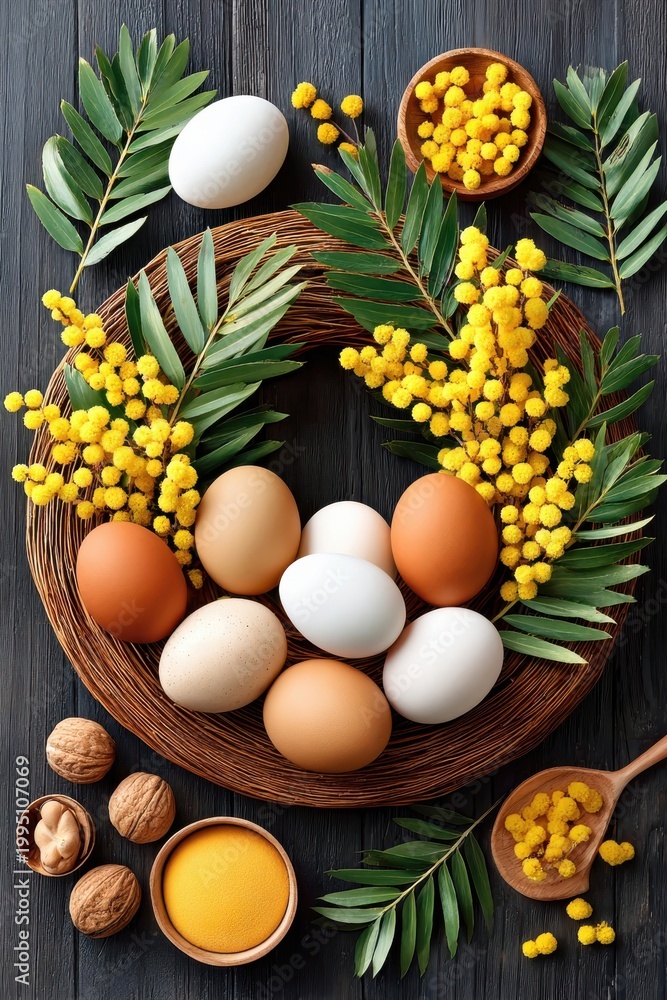 Fototapeta premium Easter wreath with fresh mimosa, mixed eggs and green foliage on dark wood background
