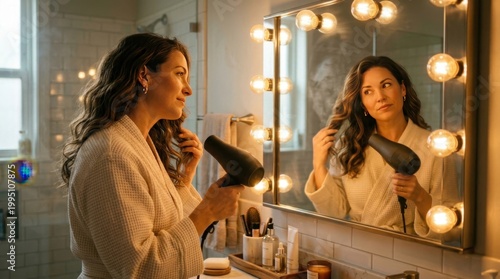 Woman standing in front of a bathroom mirror with hair dryer in hand, her reflection visible as she smooths her drying hair, warm golden light from vanity bulbs