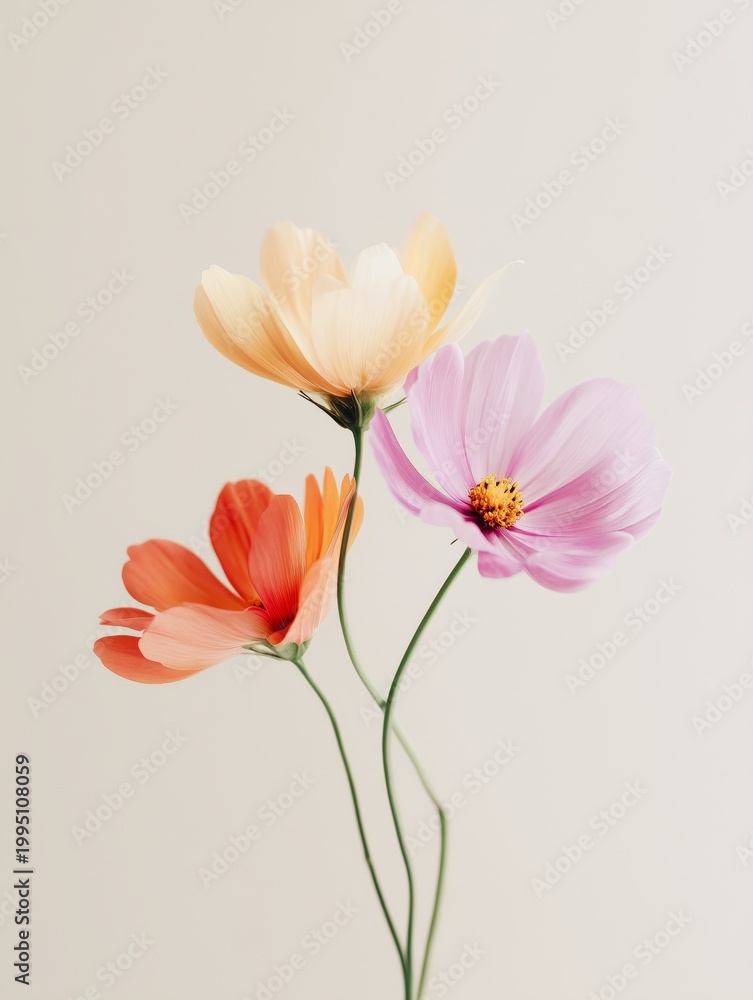 Naklejka premium Pastel cosmos flowers bouquet on neutral background, delicate minimal botanical composition
