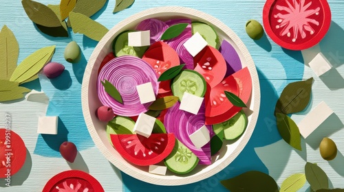 Top-down view of a vibrant Greek salad illustrated with paper-cut shapes in a white bowl