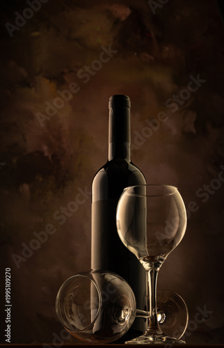 Bottle and wine glass, bottle and wine glass on a rustic wooden surface and abstract background, low key photo, selective focus.