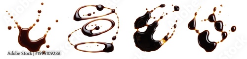 Foto Soy Sauce Splashes and Balsamic Vinegar Puddles Isolated on White Background, Re