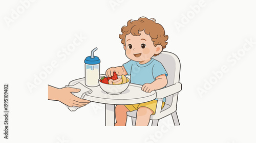 Cute toddler eating fruit in high chair with caregiver nearby  