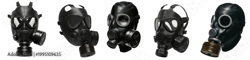 Photos Set of black rubber gas masks with filters from different angles, 3D render of t