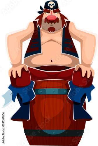 Cartoon pirate sailor sitting on a wooden barrel. Vector fat corsair character sits on rum or gun powder cask. Funny sea sailor, ship crew personage in bandana with skull, exhibits serious expression