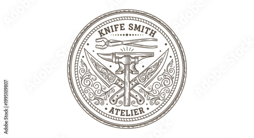 Vintage Knife Smith Atelier Emblem with Anvil, Knives, Tongs, Engraved Design