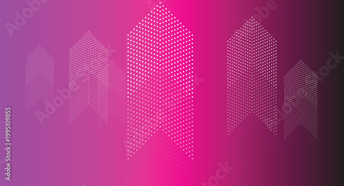 Abstract dot pattern shapes forming upward arrows and building silhouettes with reflections