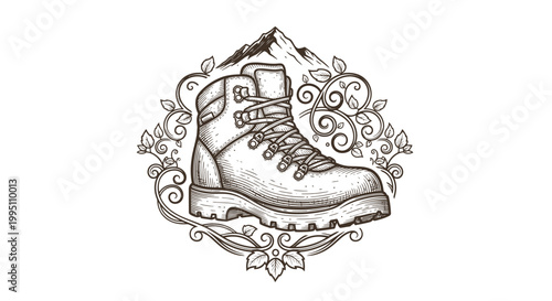 Vintage engraved hiking boot illustration with mountain and floral elements