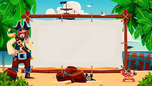 Cartoon pirate captain with wooden frame banner on tropical island, vector background. Caribbean pirate captain or corsair sailor in tricorne hat with treasure chest and sailboat ship on island beach
