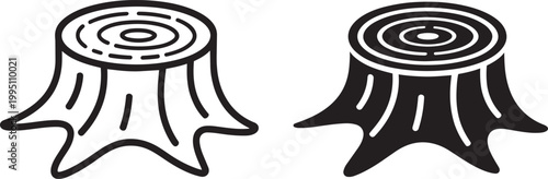 Tree stump icons with rings and bark texture black and white illustration with cross section in outline style