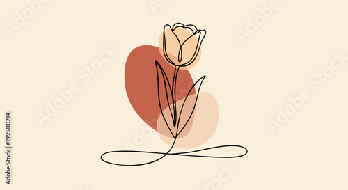 Minimalist continuous line art drawing of a graceful tulip flower with soft earth tone abstract shapes