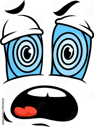 Cartoon funny face with spiraling blue eyes, raised brows and open mouth conveying dizzy, shocked and bewildered emotion and expressions. Confused emoticon reaction, and scared expressive character