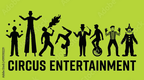 A vibrant green banner showcases a silhouette of various circus performers, including jugglers, a stilt walker, a fire breather, an acrobat, a magician, a unicyclist, and a clown.