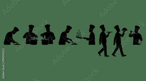 Silhouettes of chefs in various culinary actions, from preparation to serving food.