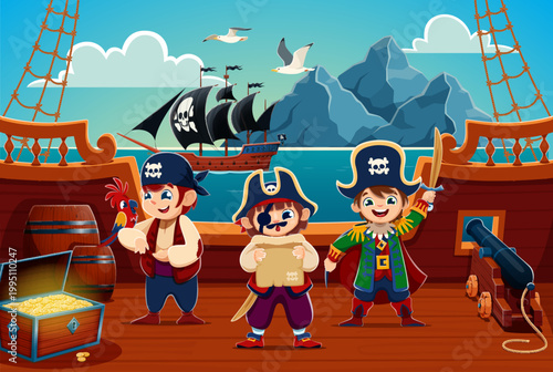 Caribbean kid pirate sailor characters on ship deck. Vector fantasy sea adventure with cute happy cartoon corsair children crew, chest with gold, treasure map, parrot, cannon, sailing ship in ocean