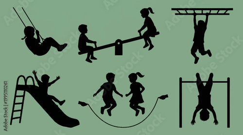Silhouettes of children playing on a playground with swings, a seesaw, slide, monkey bars, and jump rope.