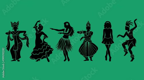 Silhouettes of diverse dancers in traditional costumes performing various cultural dances against a green background.