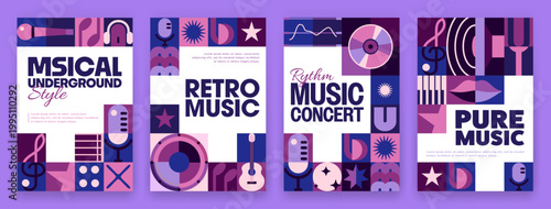 Musical posters with geometric music pattern background. Abstract graphic patterns set of purple piano, guitar, microphones and headphones, music notes, treble clef and geometric shapes mosaic