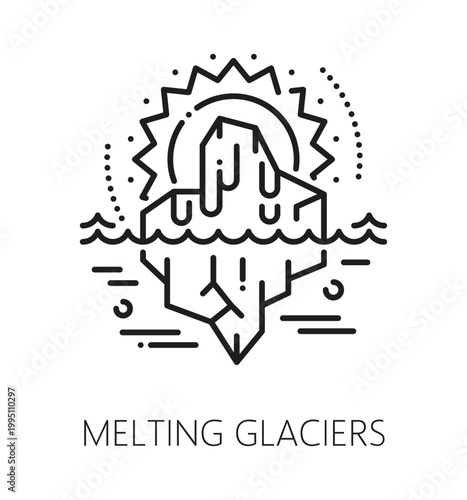 Melting glaciers natural disaster, global cataclysm line icon. Climate change disaster icon, environmental catastrophe vector symbol. Global warming natural cataclysm sign with sun, iceberg in ocean