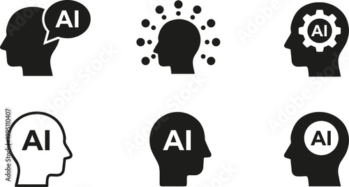 Black AI silhouette icon set with human head designs and artificial intelligence symbols isolated on white background for technology logo and digital pattern