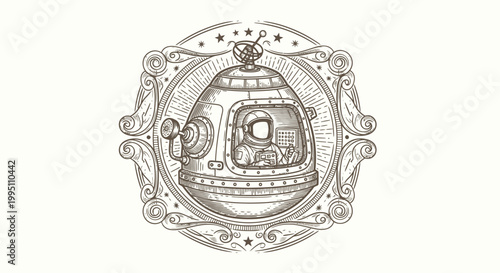 Vintage astronaut in retro rocket ship illustration, steampunk style emblem