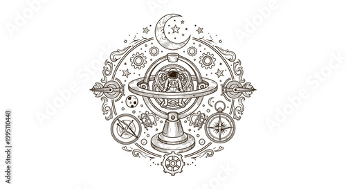 Vintage Celestial Orrery Emblem with Moon and Stars
