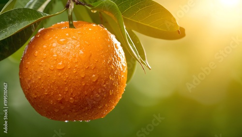 Fresh ripe orange hanging on tree with water droplets and sunlight