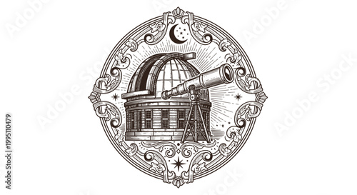 Vintage Observatory Dome with Telescope, Engraved Astronomical Illustration