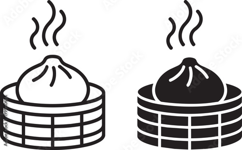 Steaming dumplings in set of 2 bamboo baskets line and filled vector icons with asian food dim sum