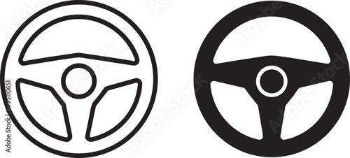 Steering wheel icons set of 2 outlined and filled for driving concept with car part black and white