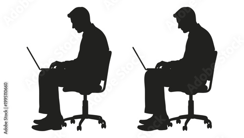 Silhouette of two individuals working on laptops illustrating poor posture high quality
