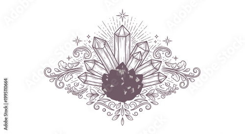 Vintage Engraved Crystal Cluster with Ornamental Flourishes