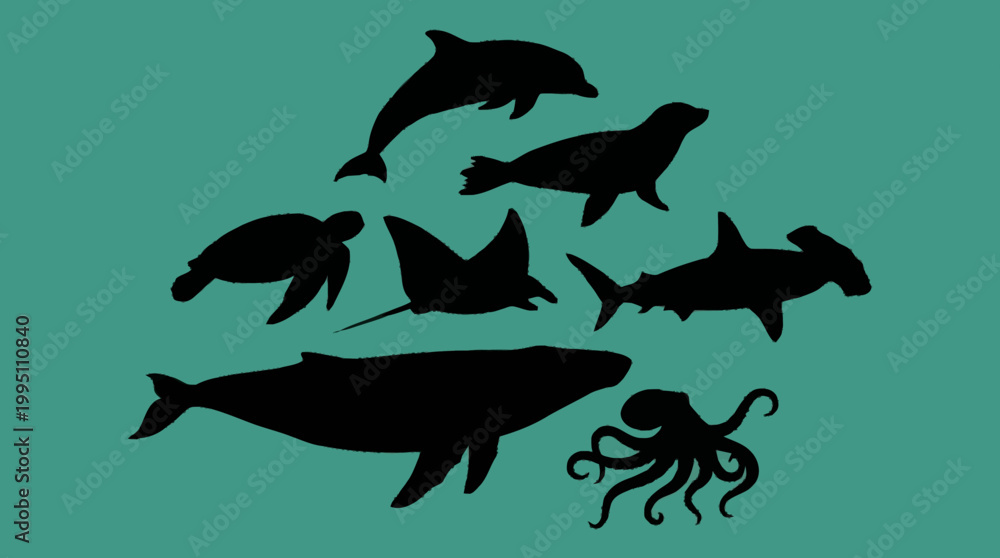 Naklejka premium A collection of diverse marine animal silhouettes including a whale, dolphin, shark, sea turtle, manta ray, seal, and octopus against a teal background.
