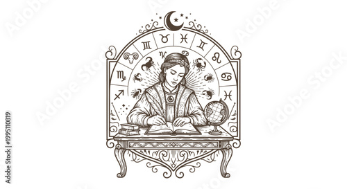 Astrologer Writing Horoscope with Zodiac Wheel and Globe, Vintage Engraved Style
