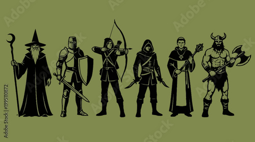 A lineup of fantasy characters including a wizard, knight, archer, rogue, cleric, and barbarian, depicted in silhouette against a solid background.