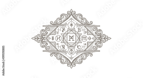 Mystical Ornate Emblem with Esoteric Symbols and Vintage Engraved Design