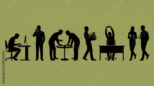 Silhouettes of people in various office-related activities, illustrating the daily work routine and office life.