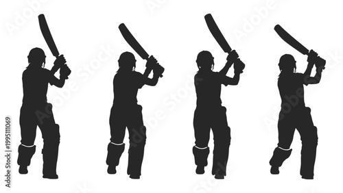 Silhouettes of four cricket players in action preparing to hit a ball