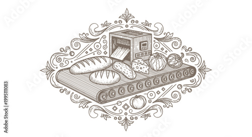 Vintage Bread Production Line Illustration - Bakery Goods on Conveyor Belt