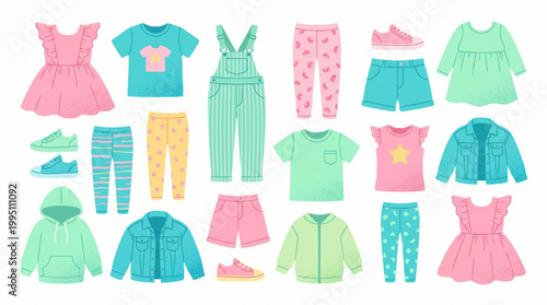 Collection of colorful children clothing items flat vector