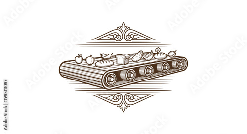 Vintage Engraved Food Production Line with Bread and Fruits on Conveyor Belt
